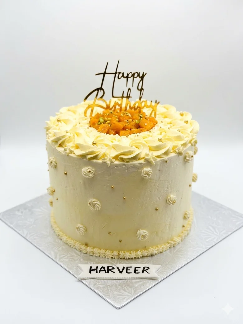Fresh mango cream celebration cake - Winnipeg custom cakes by Crumbs & Cravings